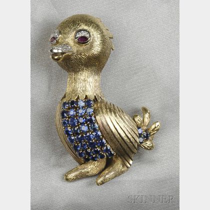 14kt Gold Gem-set Baby Bird Brooch