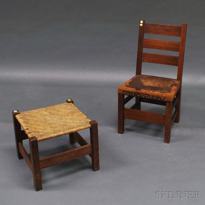 Arts & Crafts Oak Side Chair and Footstool