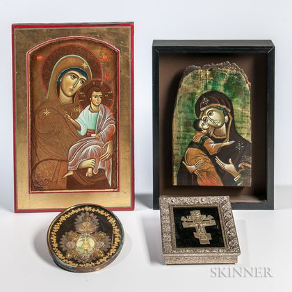 Four Painted Wood, Beadwork, and Metal Religious Items