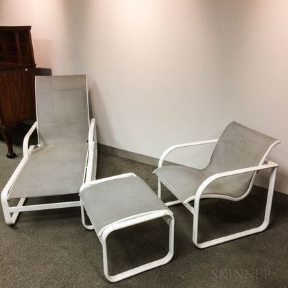 White-painted Metal Patio Lounge Chair, Armchair, and Footstool. Estimate $50-75
