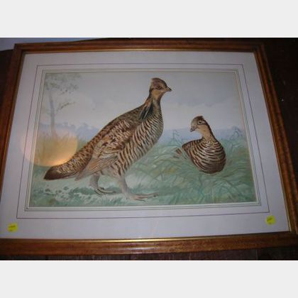 Two Framed A. Pope, Jr. Chromolithographs of Game Birds, a Chromolithograph Still Life of Peaches and a Provincial Landscape,... 