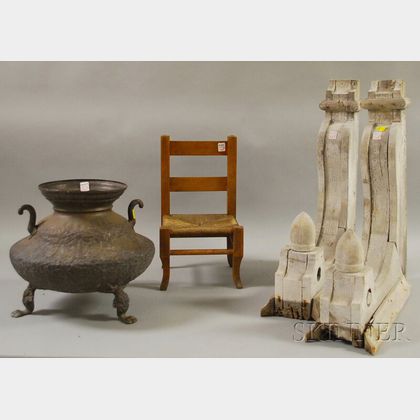 Pair of White-painted Victorian Architectural Wood Brackets, a Childs Chair, and an Indian Repousse Brass Footed Urn. 