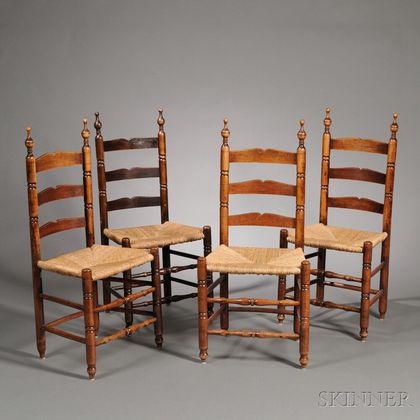 Set of Four Turned Slat-back Rush Seat Side Chairs