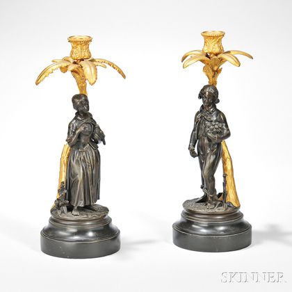 Pair of Gilt and Patinated Bronze Figural Candlesticks