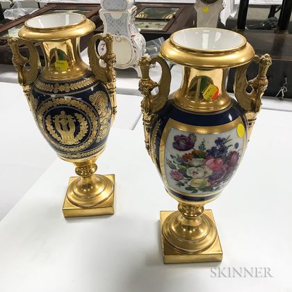 Pair of Gilt and Floral-decorated Porcelain Mantel Urns