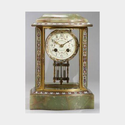 French Onyx and Champleve Enamel Mantel Clock