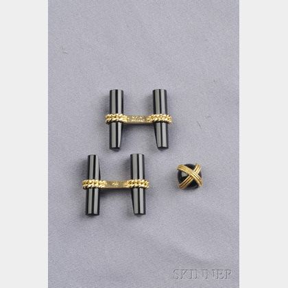 18kt Gold and Onyx Cuff Links and Tie Tack, Van Cleef & Arpels, France