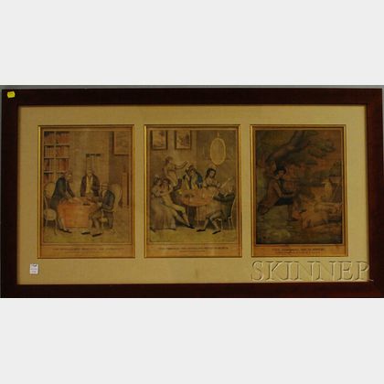 Cherry-framed D.W. Kellogg Hand-colored Lithograph Prodigal Son Triptych