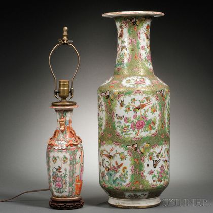 Large Famille Porcelain Temple Vase and Small Table Lamp