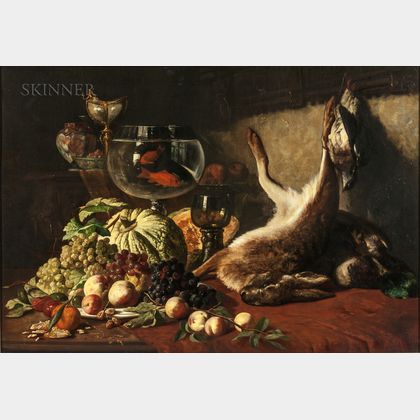 Lucas Victor Schaefels (Belgian, 1824-1885) Still Life with Fruit, Goldfish, and Hare