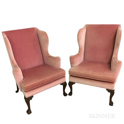 Pair of Williamsburg Restoration Chippendale-style Carved and Upholstered Mahogany Wing Chairs. Estimate $300-500