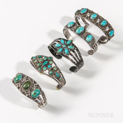 Five Navajo Silver and Turquoise Bracelets