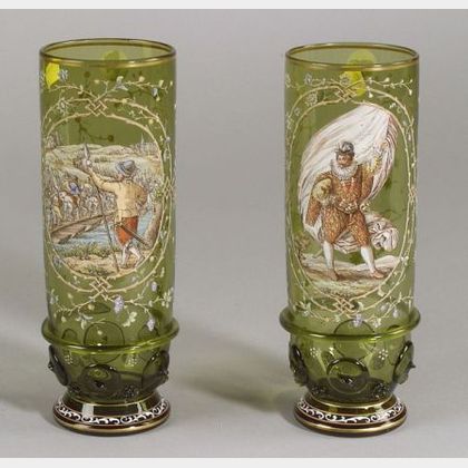 Pair of Bohemian Enameled Decorated Glass Vases