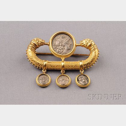 Etruscan Revival 18kt Gold and Silver Classical Coin Brooch