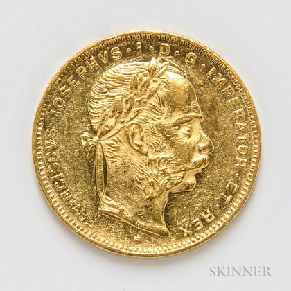 1877 Austrian 8 Florin 20 Francs Gold Coin, KM2269.
