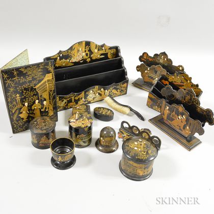 Fourteen Lacquered Chinoiserie-decorated Desk Accessories.