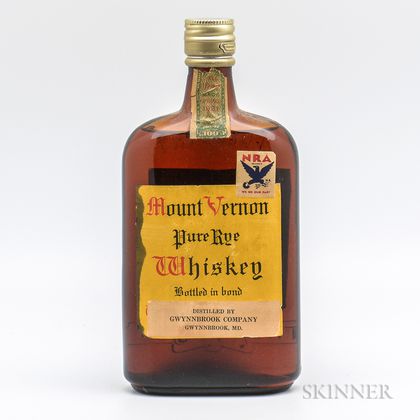 Mount Vernon Pure Rye Whiskey 12 Years Old 1921, 1 pint bottle 