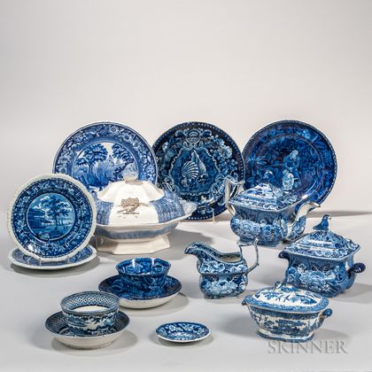 Fifteen Blue and White Transfer-decorated Pottery Items