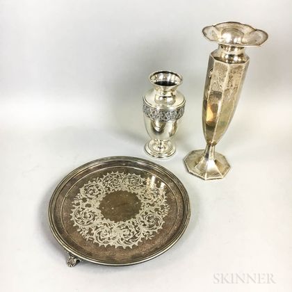 Sterling Silver Monogrammed Vase, Silver-plated Vase, and Silver-plated Footed Server