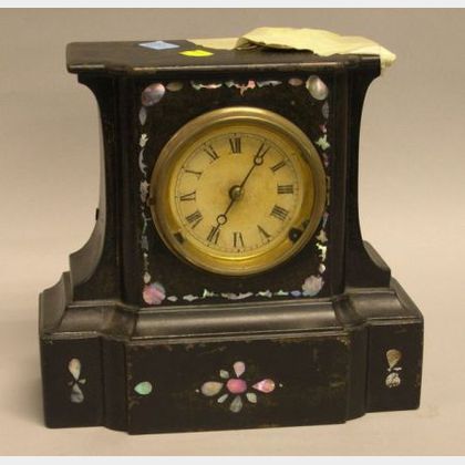 Bradley & Hubbard Victorian Black Painted Cast Iron and Mother-of-Pearl Mantel Clock