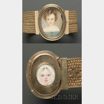 Double Portrait Miniatures of Children on a Hairwork Bracelet