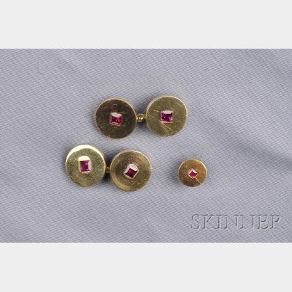 18kt Gold and Ruby Cuff Links and Tie Tack, Cartier, Paris