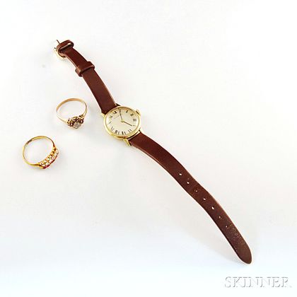 Gold Movado Wristwatch and Two Gem-set Rings