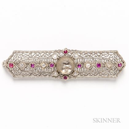 14kt White Gold, Carved Moonstone, Ruby, and Diamond Filigree Brooch