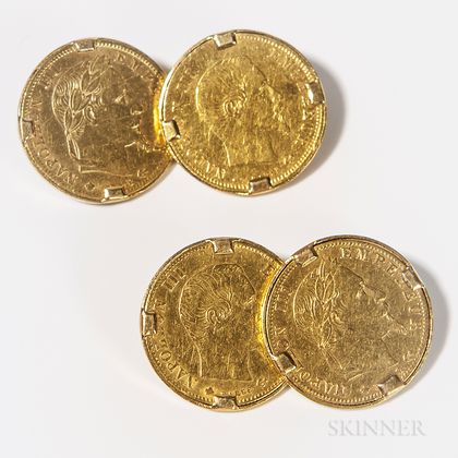 Pair of 18kt Gold-mounted French 5 Francs Coin Cuff Links