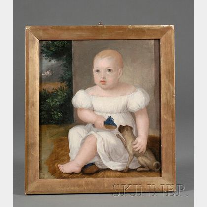 Anglo/American School, 19th Century Portrait of a Young Boy with Blue Slipper and Small Pug
