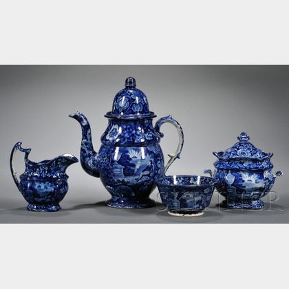 Four Historical Blue Transfer-decorated Table Items