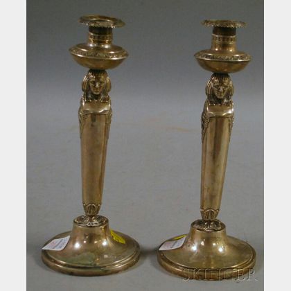 Pair of Weishaupt Silver Egyptian Revival Candlesticks