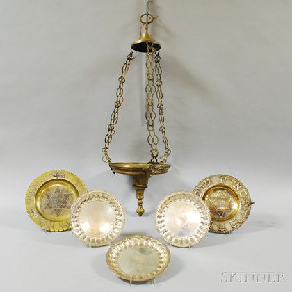 Hanging Molded Brass Lantern and Five Metal Judaica Plates
