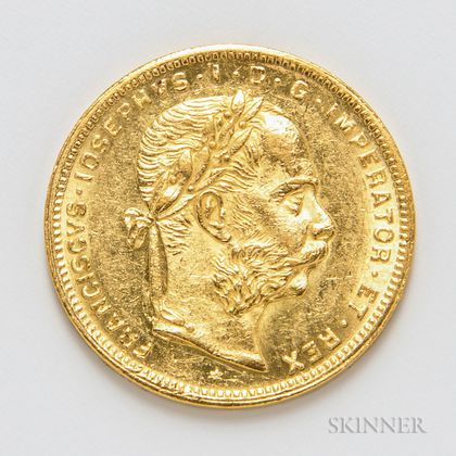 1885 Austrian 8 Florin 20 Francs Gold Coin, KM2269.