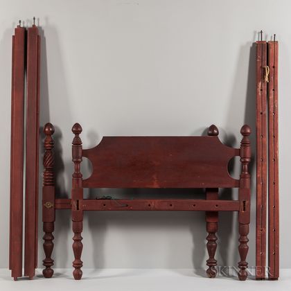 Red-painted Carved and Turned Rope Bed