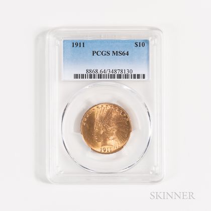 1911 $10 Indian Head Gold Coin, PCGS MS64. Estimate $800-1,200