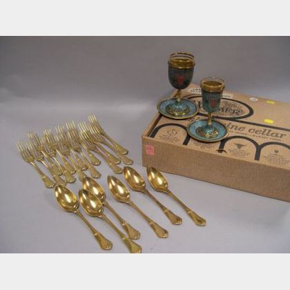 Set of Israeli Wine Cups and Saucers and a Set of Thirteen Russian Gilt Sterling Forks and Six Spoons. 