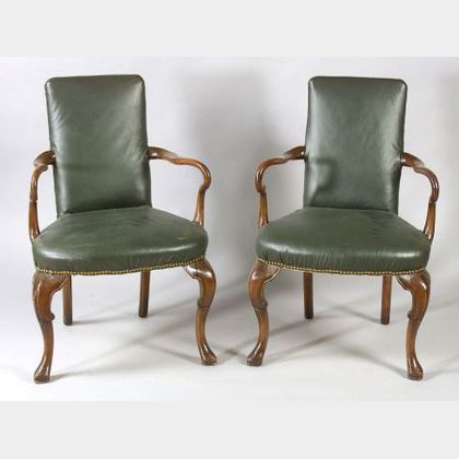 Pair of Queen Anne Style Walnut Shepherd's Crook Open Armchairs