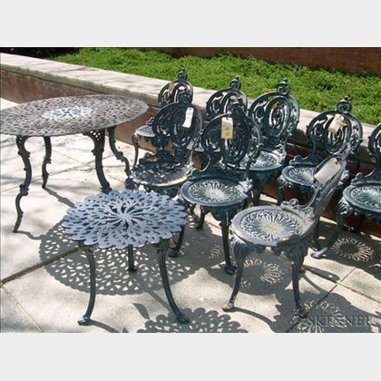 Painted Set of Four Atlanta Stove Works Cast Iron Garden Chairs with a Table, and a Set of Four Painted Atlanta... 