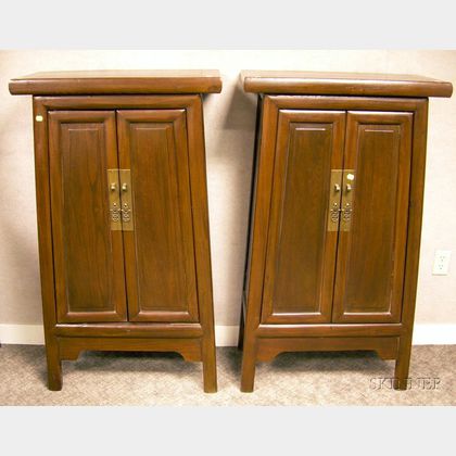 Pair of Chinese Elmwood Two-Door Cabinets with Canted Sides