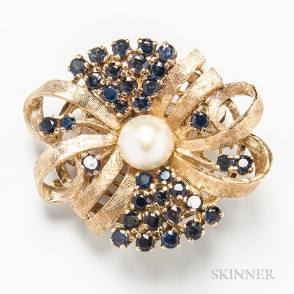 14kt Gold, Sapphire, and Pearl Brooch
