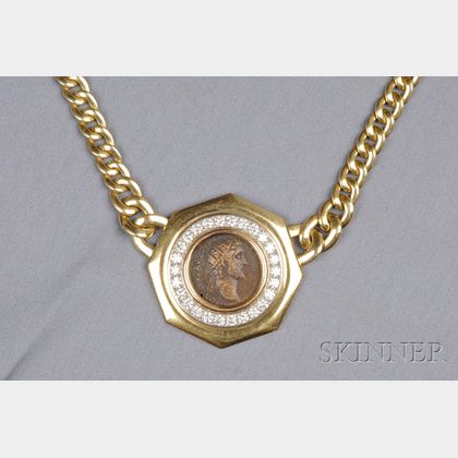 18kt Gold, Diamond, and Ancient Coin Pendant Necklace, Italy