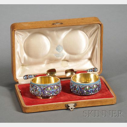 Cased Set of Russian Silver and Enamel Salt Cellars