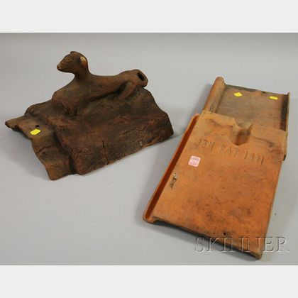 Primitive Pennsylvania Modeled Dog Figural Redware Roof Tile and a Pair of James Hamilton Terra-cotta Roof Tiles