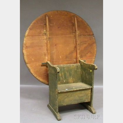 Green-painted Circular Pine and Maple Chair Table with Shoe Feet