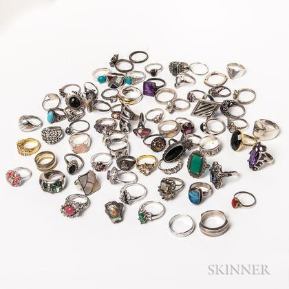 Approximately Seventy-two Sterling Silver and Silver Rings