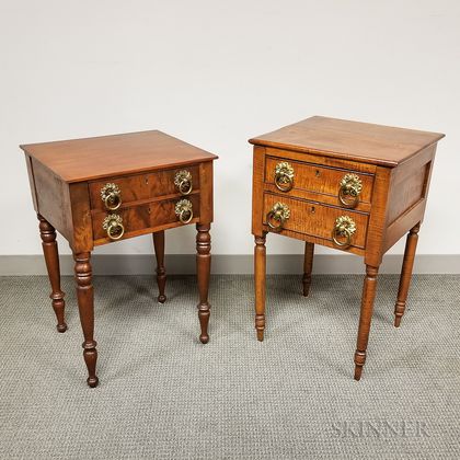 Two Classical Tiger Maple and Mahogany Worktables