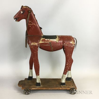 Folk Art Carved and Red-painted Horse Pull Toy