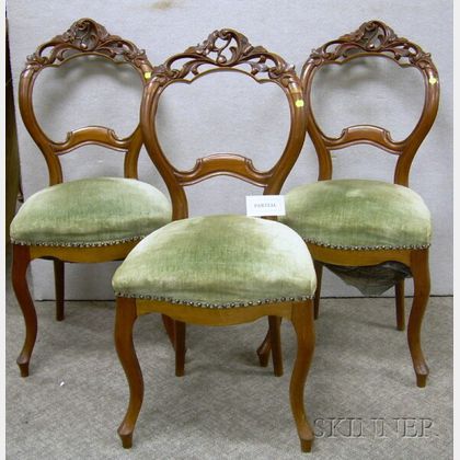 Set of Six British Victorian Upholstered Carved Walnut Dining Chairs. 