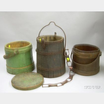 Two Wooden Firkins and a Wrought Iron Mounted Wooden Bucket